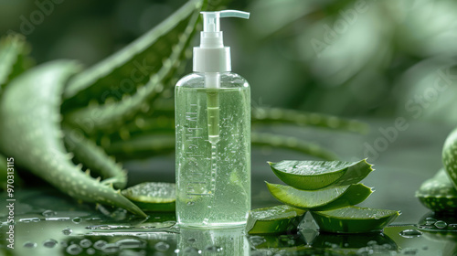 Petri dish with Aloe vera slices and unlabeled pump bottle