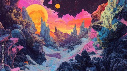 Vibrant surreal landscape artwork featuring a highly saturated collage style