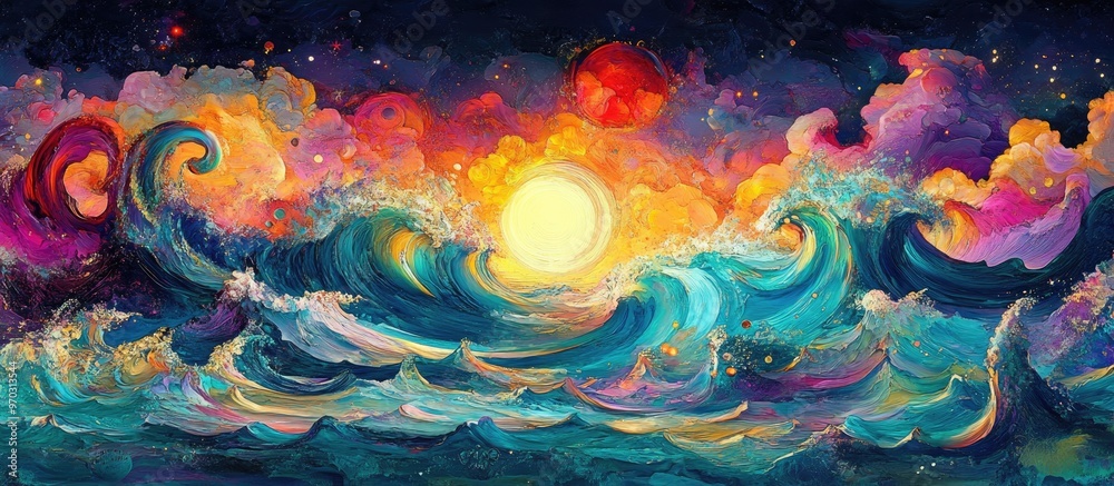 A vibrant and imaginative surreal seascape with a rich array of colors A vibrant and imaginative surreal seascape with a rich array of colors