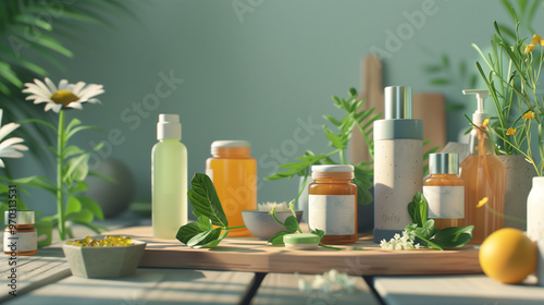 Natural skincare products arranged on a shelf with plants and shadows