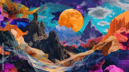 Wallpaper Mural Vivid Surreal Landscape artwork featuring a richly saturated collage style Torontodigital.ca