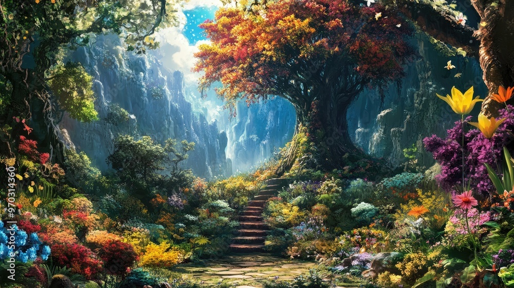 Illustration of a lush paradise featuring the tree of life and the tree of knowledge in a vibrant garden setting Illustration of a lush paradise featuring the tree of life and the tree of knowledge in a vibrant garden setting