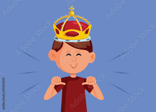 Egotistic Child Wearing a Crown Pointing to Himself Vector Illustration. Entitled boy being narcissistic and privileged 
