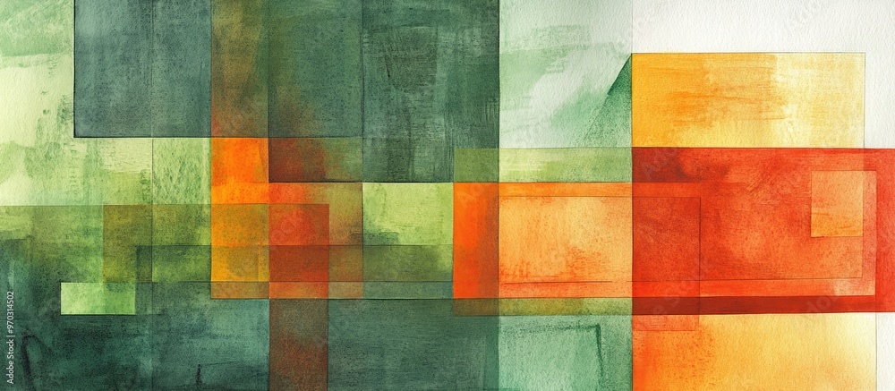 Abstract composition featuring flat rectangles in shades of green and orange evoking an illusion of light and space through a blend of watercolor graphite and ink Abstract composition featuring flat rectangles in shades of green and orange evoking an illusion of light and space through a blend of watercolor graphite and ink