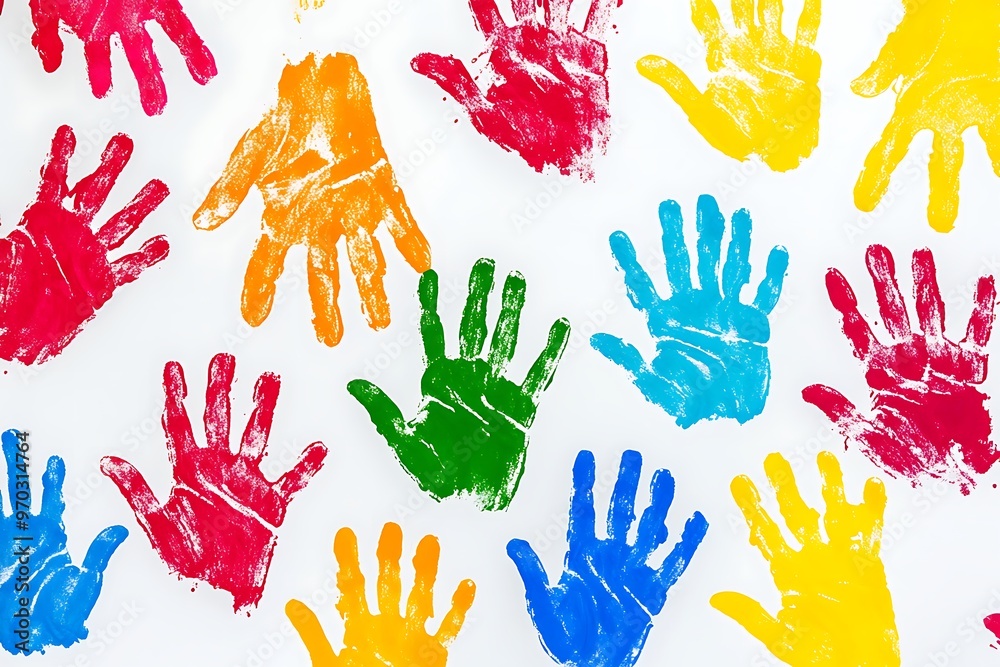 Fototapeta premium Abstract background made from colored handprints. Multicolor background for design. Isolated on white.