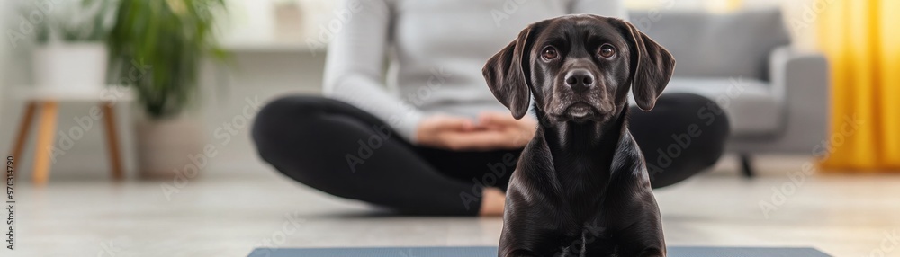 Dog stretching on a yoga mat next to its owner in a bright living room, healthy lifestyle, [pet care], [dog exercise routine]