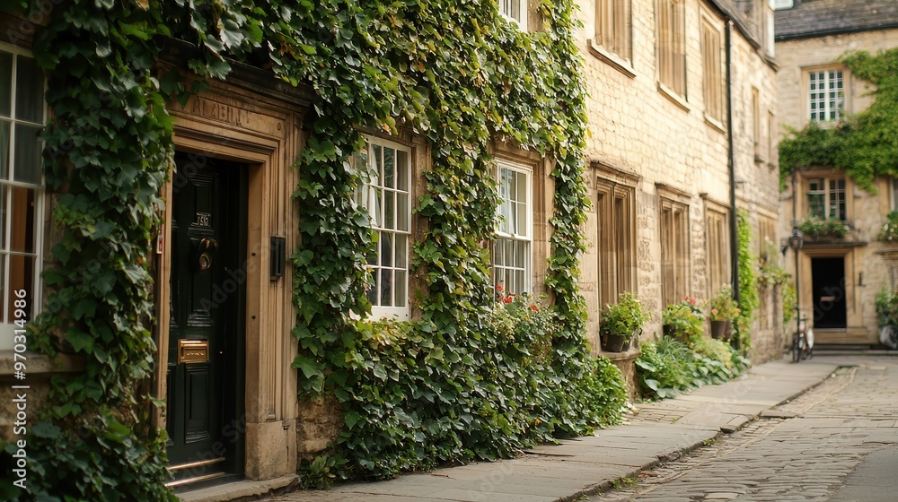 Stone Building with Ivy and Cobblestone Street Stone Building with Ivy and Cobblestone Street