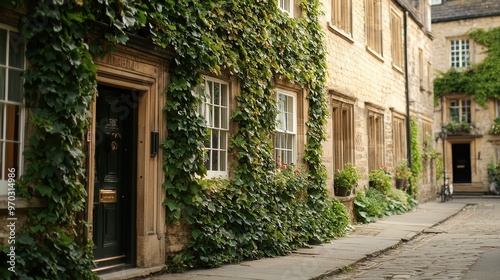 Stone Building with Ivy and Cobblestone Street
