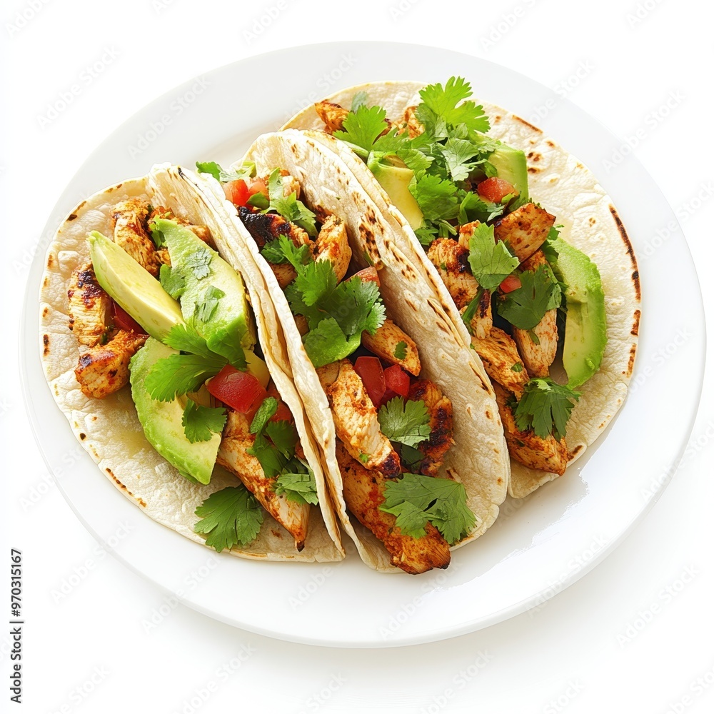 Three tacos filled with grilled chicken, avocado, tomatoes, and cilantro on a white plate. Three tacos filled with grilled chicken, avocado, tomatoes, and cilantro on a white plate.