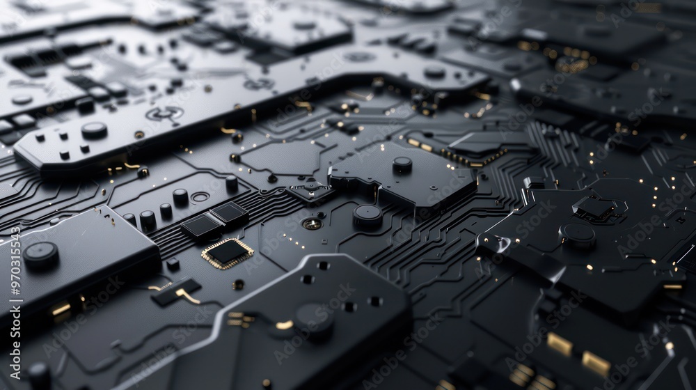 A close-up view of a black circuit board with intricate patterns and glowing elements, highlighting technology and design. A close-up view of a black circuit board with intricate patterns and glowing elements, highlighting technology and design.