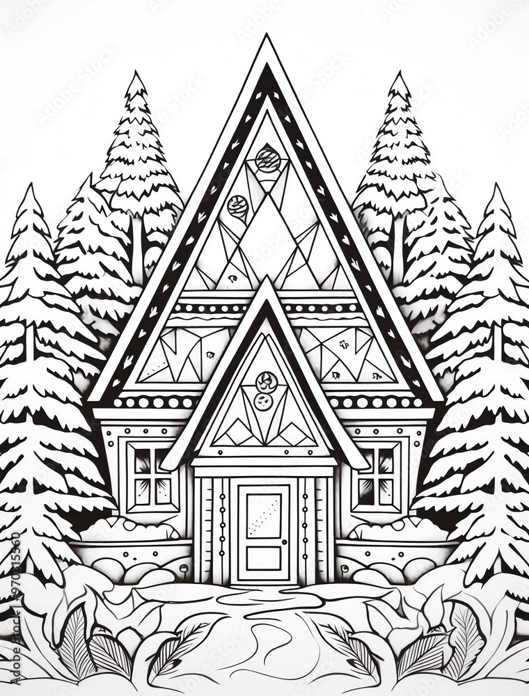 A black and white coloring book page of an A-frame house in the forest, with geometric patterns on its exterior walls. A black and white coloring book page of an A-frame house in the forest, with geometric patterns on its exterior walls.