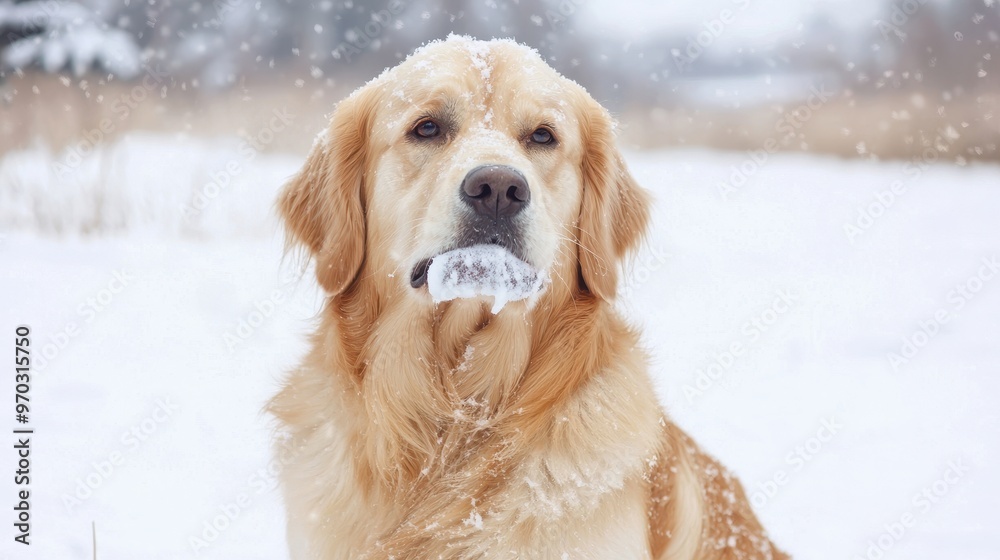 Golden Retriever Dog Covered in Snow Winter Portrait Golden Retriever Dog Covered in Snow Winter Portrait