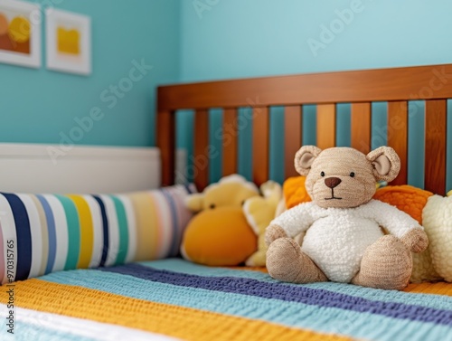 A crib in a nursery, filled with colorful toys and soft textures, inviting and comfortable for a toddler s playtime photo