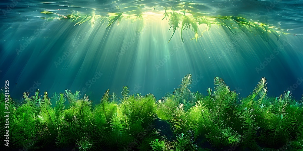 Fototapeta premium Underwater scene with sunlight and algae.
