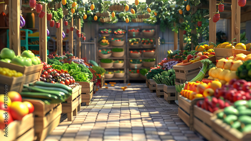 Colorful outdoor vegetable market stall with fresh produce