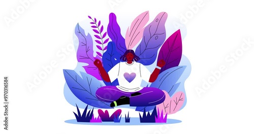 Selfcare and acceptance. Moving banner with happy positive man meditating in lotus position feeling harmony and calm. Mindfulness and mental health. Cartoon flat animated graphics