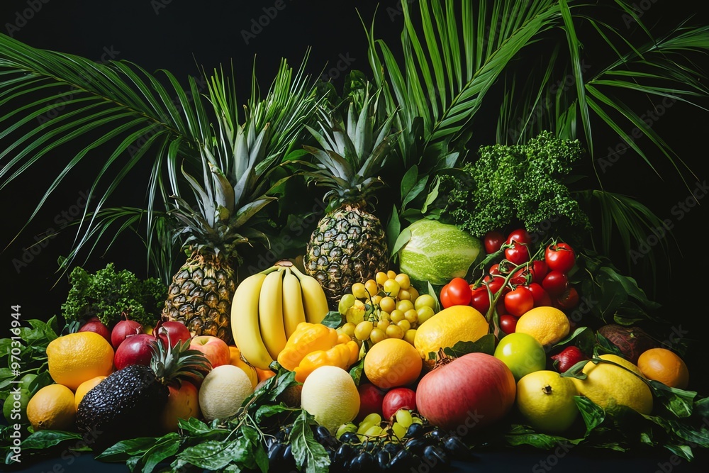 An Abundance of Tropical and Domestic Fruits with Green Foliage An Abundance of Tropical and Domestic Fruits with Green Foliage