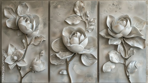 Set of Three Canvases Featuring Volumetric Stucco Molding on a Concrete Wall with Pewter Leaf Elements Showcasing a Single Freesia