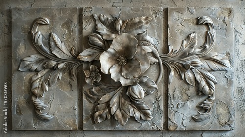 Set of Three Canvases Featuring Volumetric Stucco Molding on a Concrete Wall with Pewter Leaf Elements Showcasing a Single Freesia