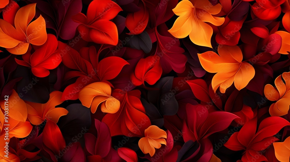 Seamless swirls pattern in warm autumn hues, featuring soft oranges, deep reds, and golden yellows, evoking a cozy atmosphere, Vintage style, Illustration, Intricate details. Seamless swirls pattern in warm autumn hues, featuring soft oranges, deep reds, and golden yellows, evoking a cozy atmosphere, Vintage style, Illustration, Intricate details.