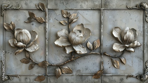 Set of Three Canvases Featuring Volumetric Stucco Molding on a Concrete Wall with Pewter Leaf Elements Showcasing a Single Freesia