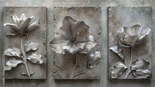 Set of Three Canvases Featuring Volumetric Stucco Molding on a Concrete Wall with Pewter Leaf Elements Showcasing a Single Freesia