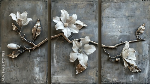 Set of Three Canvases Featuring Volumetric Stucco Molding on a Concrete Wall with Pewter Leaf Elements Showcasing a Single Freesia