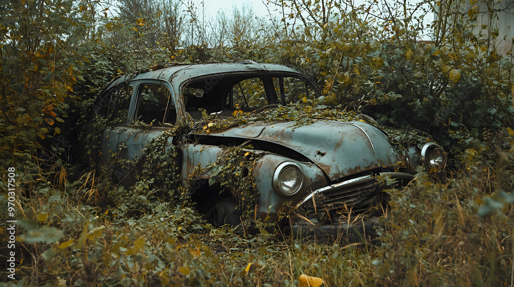 scrapped car overgrown with vines and tall grass in a neglected junkyard, nature taking over the remains of the once functional vehicle scrapped car overgrown with vines and tall grass in a neglected junkyard, nature taking over the remains of the once functional vehicle
