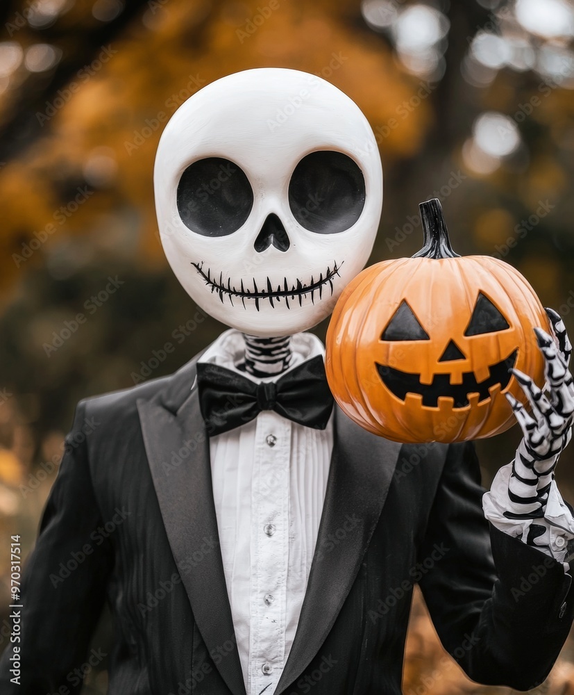 Skeleton figure in a black tuxedo holding a jack-o'-lantern, standing outdoors against a blurred autumn background. Skeleton figure in a black tuxedo holding a jack-o'-lantern, standing outdoors against a blurred autumn background.