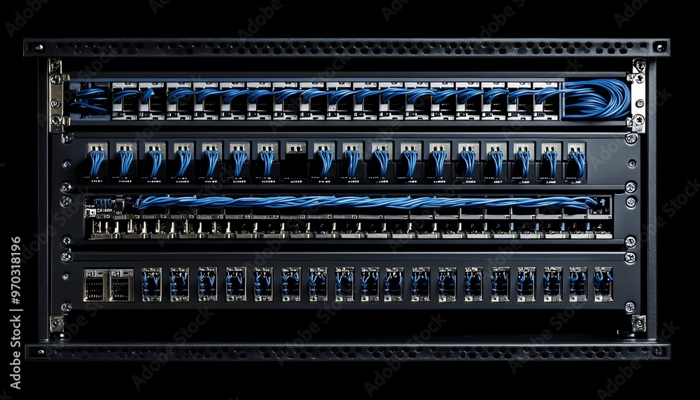 Network Rack with Multiple Ethernet Ports and Blue Cables Network Rack with Multiple Ethernet Ports and Blue Cables