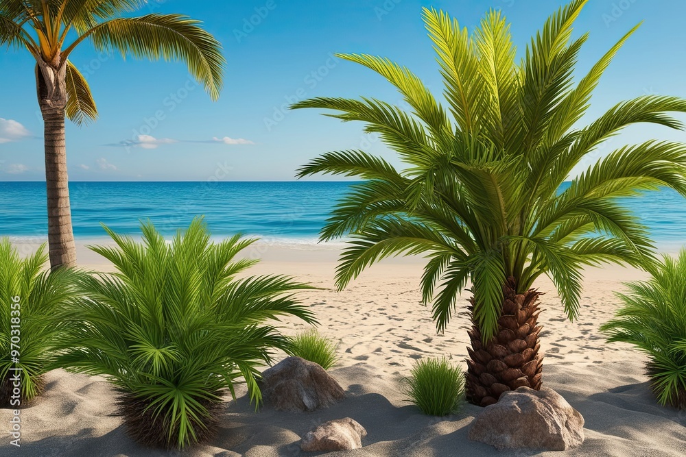 Fototapeta premium Lush Coastal Palm Bushes for Summer Promotions with Realistic Design
