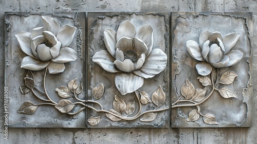 Volumetric Stucco Molding and Pewter Leaf Elements on a Concrete Wall: Set of Three Canvases Showcasing a Single Freesia