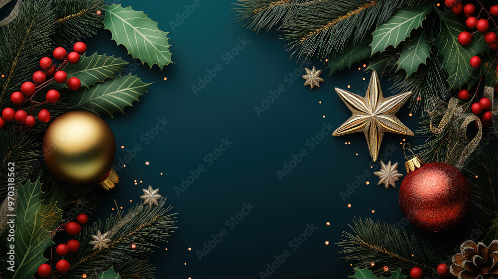 Spectacular Holiday Greetings, A festive Christmas border made of holly, berries, and ornaments Spectacular Holiday Greetings, A festive Christmas border made of holly, berries, and ornaments