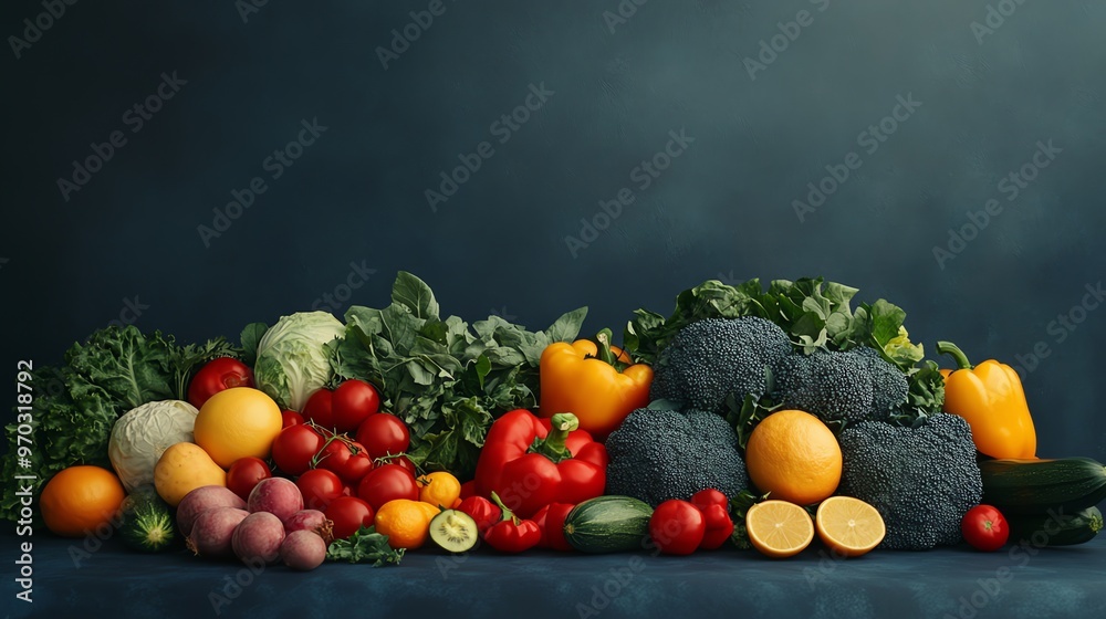 Fresh Produce Arrangement on a Dark Blue Background Fresh Produce Arrangement on a Dark Blue Background
