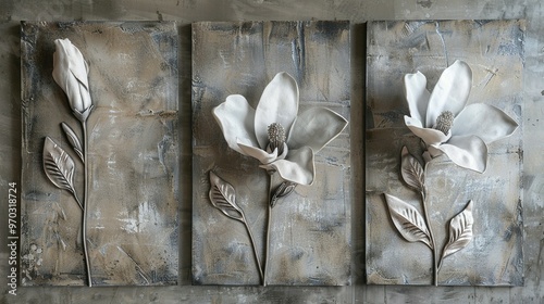 Volumetric Stucco Molding and Pewter Leaf Elements on a Concrete Wall: Set of Three Canvases Showcasing a Single Freesia
