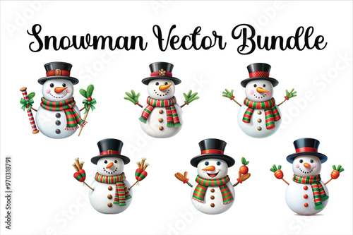 Set of christmas snowmans illustration on white background. Cute Snowmen. Vector illustration of a snowman with a carrot nose, scarf and hat.