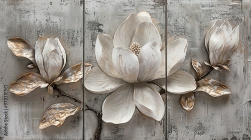 Decorative Artwork: Set of Three Canvases with Volumetric Stucco Molding and Pewter Leaf Elements on a Concrete Wall Featuring a Single Freesia
