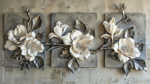 Decorative Artwork: Set of Three Canvases with Volumetric Stucco Molding and Pewter Leaf Elements on a Concrete Wall Featuring a Single Freesia