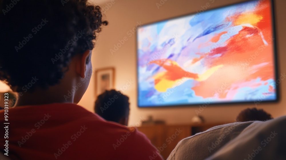 Diverse Group Watching Televised Fantasy Scene in Cozy Living Room Diverse Group Watching Televised Fantasy Scene in Cozy Living Room