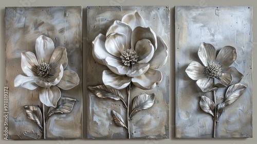 Concrete Wall Art: Set of Three Canvases Featuring Volumetric Stucco Molding, Pewter Leaf Elements, and a Single Freesia
