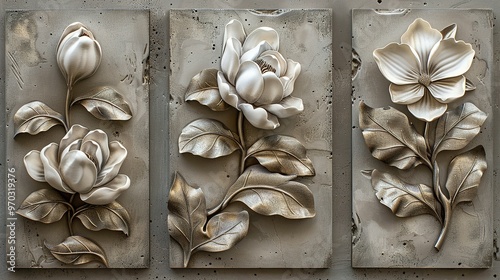 Concrete Wall Art: Set of Three Canvases Featuring Volumetric Stucco Molding, Pewter Leaf Elements, and a Single Freesia