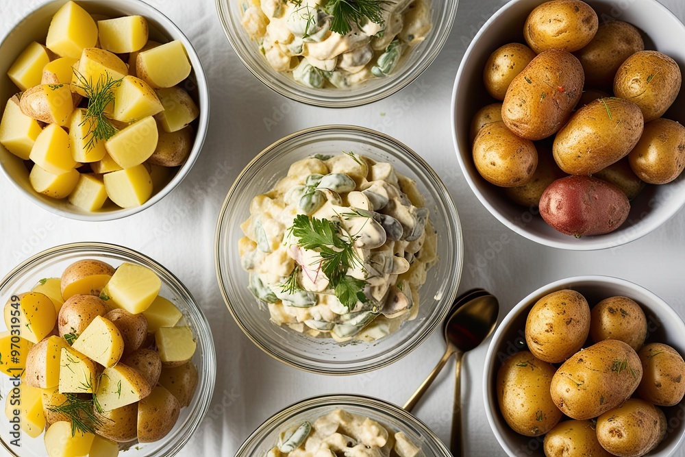 Gathering of Hearty Potato Salads Mingled with Smooth Mayo and Vinaigrette on a White Canvas