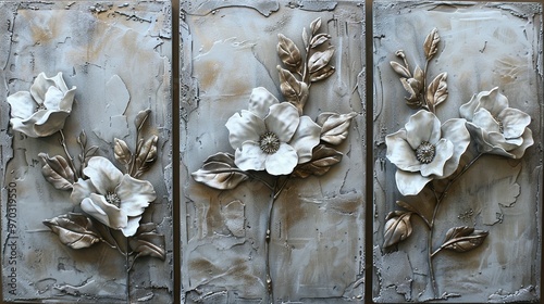 Concrete Wall Art: Set of Three Canvases Featuring Volumetric Stucco Molding, Pewter Leaf Elements, and a Single Freesia