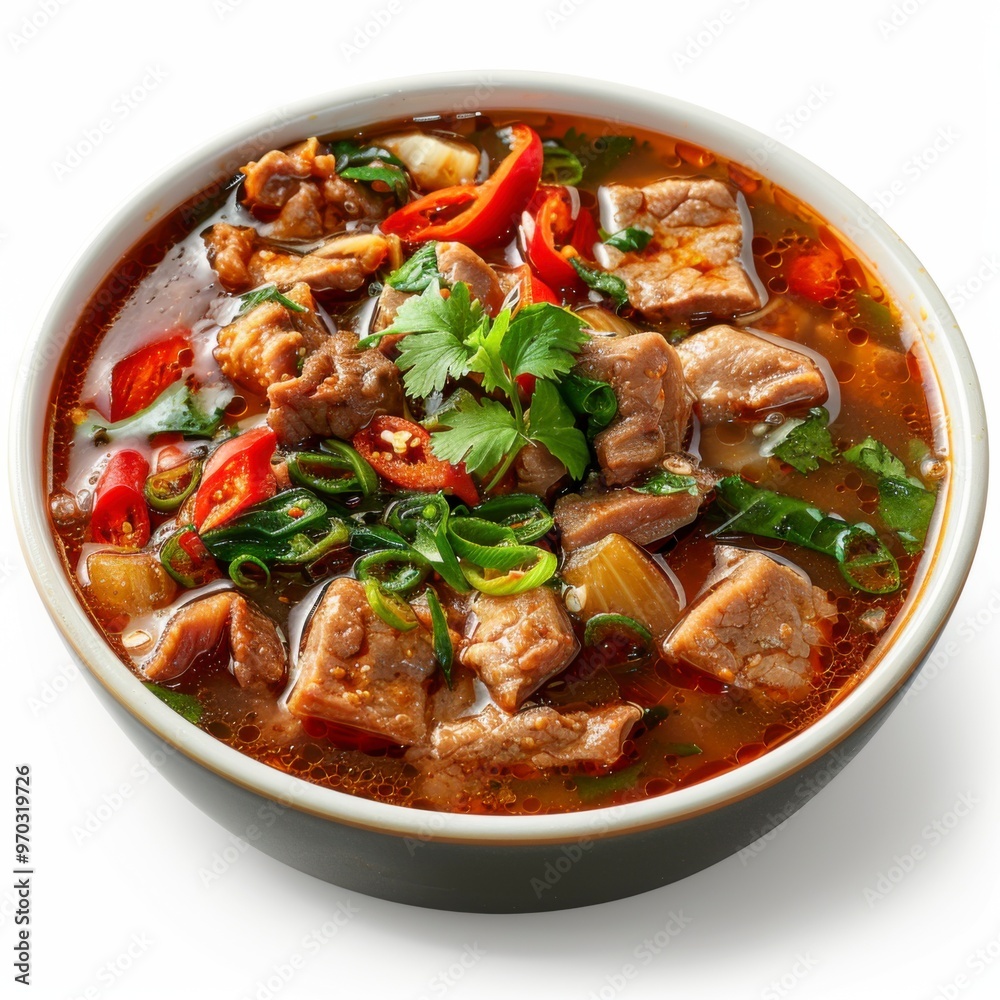 Delicious Thai Gaeng Phed Curry Dish Closeup on White Background Delicious Thai Gaeng Phed Curry Dish Closeup on White Background