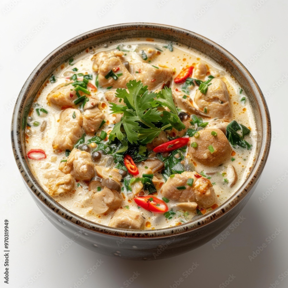 Flavorful Khao Mok Gai - Traditional Thai Chicken Biryani Closeup on White Background Flavorful Khao Mok Gai - Traditional Thai Chicken Biryani Closeup on White Background