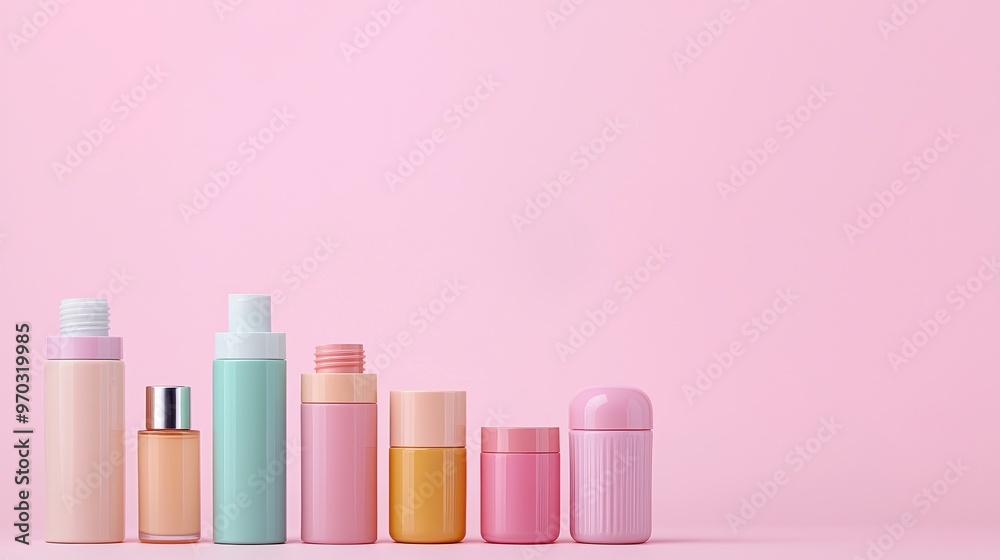 Colorful Cosmetic Bottles on Pink Background Colorful Cosmetic Bottles on Pink Background
