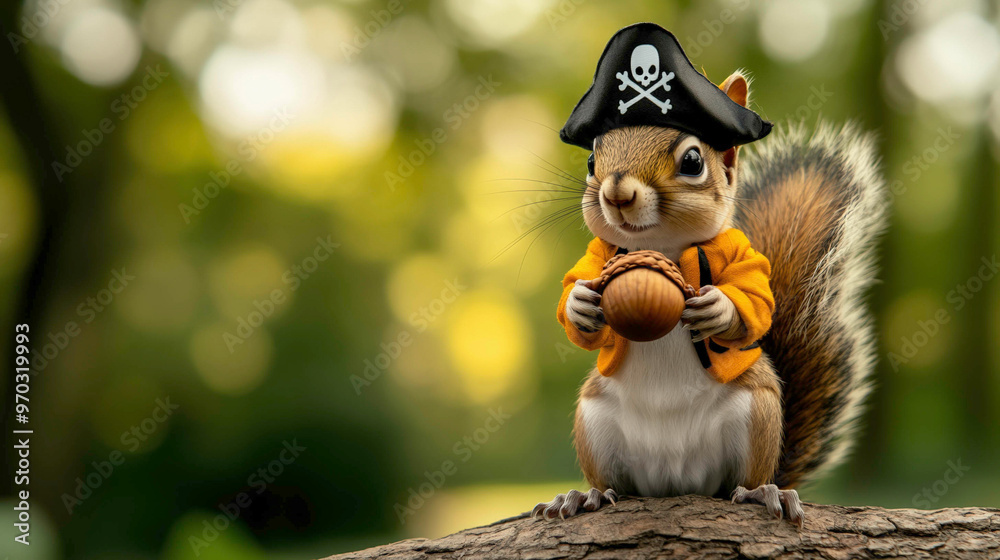 A cute squirrel dressed in a tiny pirate costume, holding an acorn as treasure, perched on a tree branch in the forest, with a playful and adventurous expression, surrounded by soft bokeh lights. A cute squirrel dressed in a tiny pirate costume, holding an acorn as treasure, perched on a tree branch in the forest, with a playful and adventurous expression, surrounded by soft bokeh lights.
