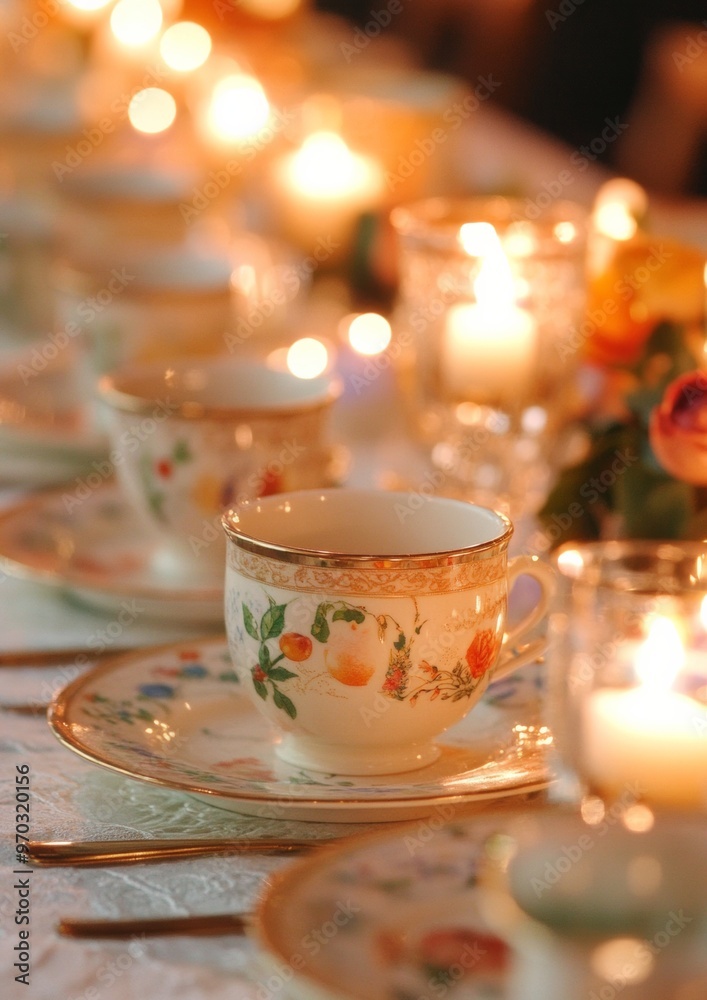 Elegant Candlelit Gemstone Table Setting with Fine China and Floral Patterns for High-Class Celebration Elegant Candlelit Gemstone Table Setting with Fine China and Floral Patterns for High-Class Celebration