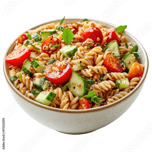 Obraz na płótnie A bowl of pasta salad with cherry tomatoes, cucumbers, and herbs, perfect for a fresh meal. w salonie