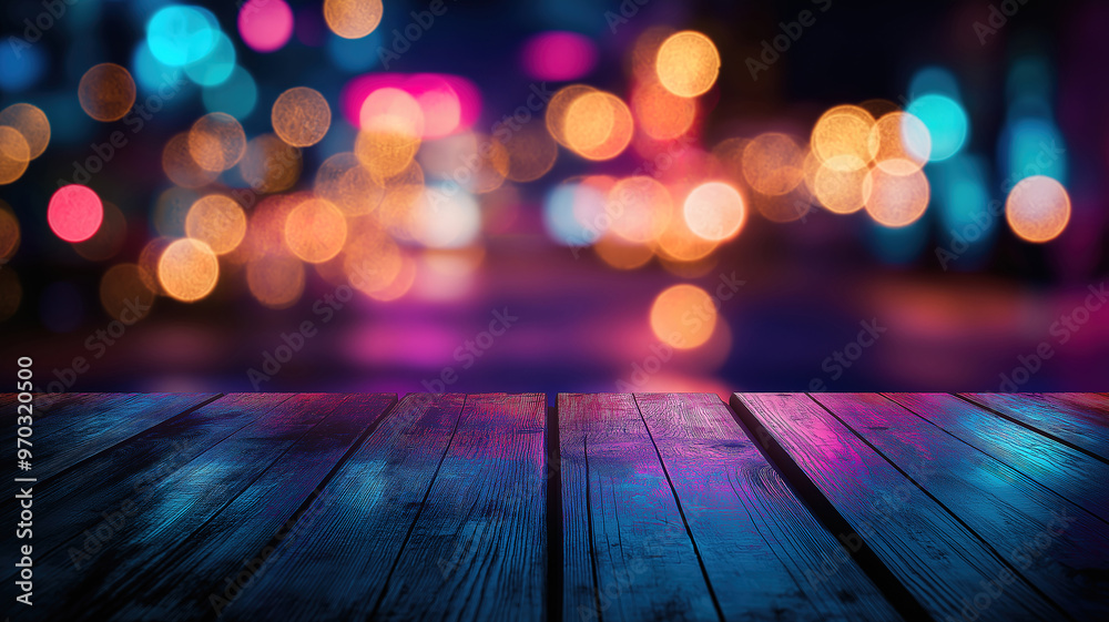 Close-Up of Wooden Table Against Blurred Bokeh and Neon Light Background Close-Up of Wooden Table Against Blurred Bokeh and Neon Light Background